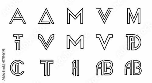 A collection of fifteen stylized, outlined letter and letter combinations arranged in rows, showcasing unique font designs.