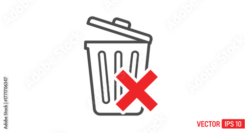 Clean vector graphic of a delete or remove icon, showing a waste bin crossed with a red 'X' symbol, ideal for user interface design and digital error indicators