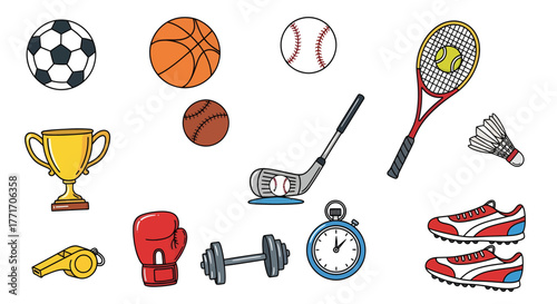 Dynamic collection of essential sports equipment and athletic gear, perfect for various competitive games, fitness training, recreational activities, and an active lifestyle