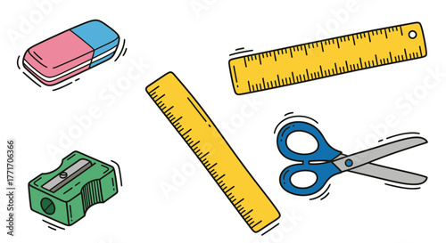 Vibrant hand-drawn collection of school and office essentials yellow rulers, a pink and blue eraser, a green pencil sharpener, and blue scissors, perfect for educational projects
