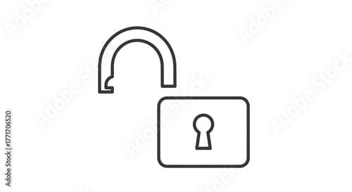 Graphic representation of an unlocked padlock, symbolizing open access, released security, and freedom from restrictions for digital interfaces and conceptual designs