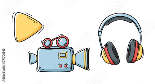 A delightful trio of hand-drawn media essentials a vintage-inspired video camera, a classic pair of headphones, and a cheerful play button icon, perfect for creative multimedia projects