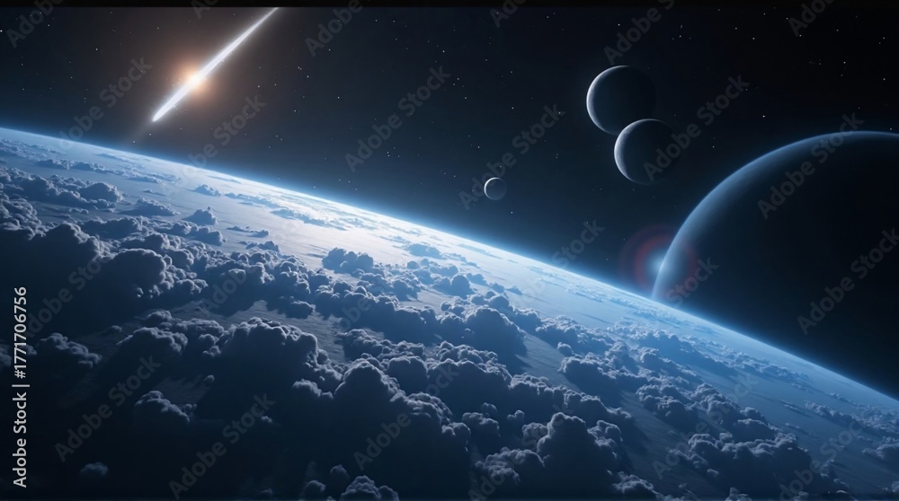 Fototapeta premium Beautiful View of Earth from Space with Planets and Cosmic Light