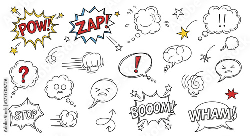 Energetic Hand-Drawn Comic Book Elements Set Explosive Speech Bubbles, Dynamic Action Lines, and Expressive Cartoon Graphics