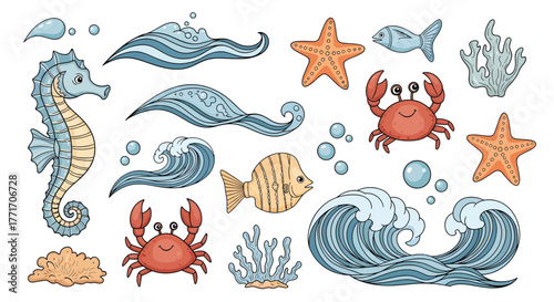 Charming collection of hand-drawn cartoon ocean elements featuring cute seahorses, crabs, starfish, fish, sea waves, and coral illustrations for various design projects