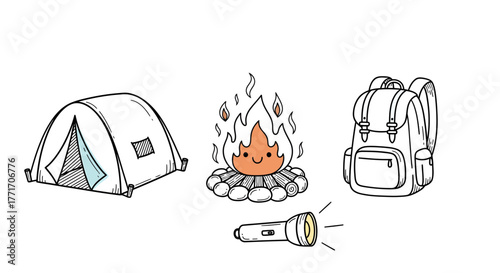 Whimsical Camping Essentials Collection Hand-Drawn Outdoor Adventure Gear with Tent, Friendly Campfire, Sturdy Backpack, and Bright Flashlight