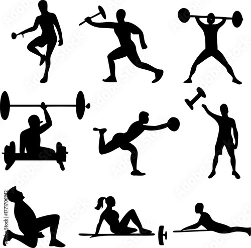 Diverse Fitness Silhouettes Cardio and Strength Training Exercises
