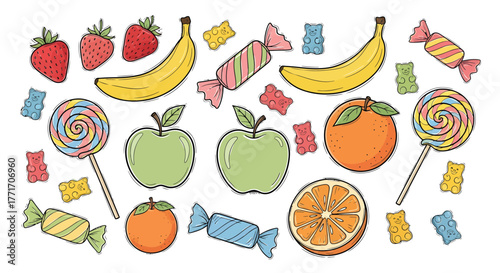 Whimsical assortment of cartoon fruits and sweet candies, including juicy strawberries, ripe bananas, crisp apples, vibrant oranges, playful lollipops, and chewy gummies, perfect for cheerful designs