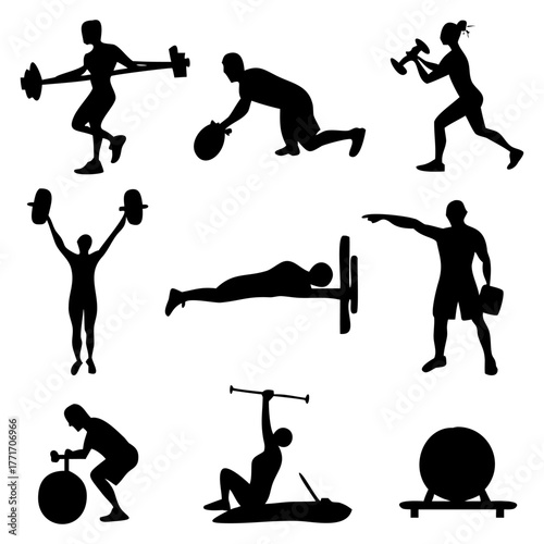 Diverse Silhouette Exercises Fitness and Training Motifs