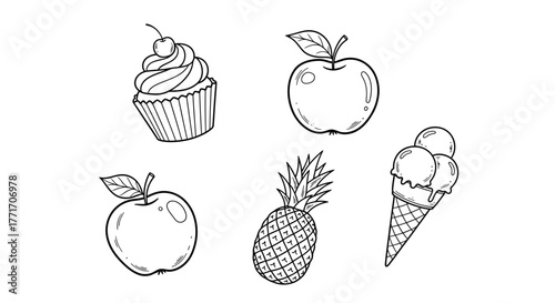 Hand-Drawn Food Illustration Set Simple Outline Art for Cupcake, Apples, Pineapple, Ice Cream. Perfect for Menus, Recipes, and Sweet & Healthy Design Projects