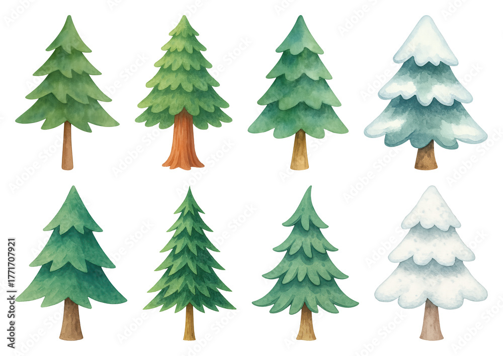 Obraz premium PNG Watercolor evergreen trees illustration, element set on transparent background