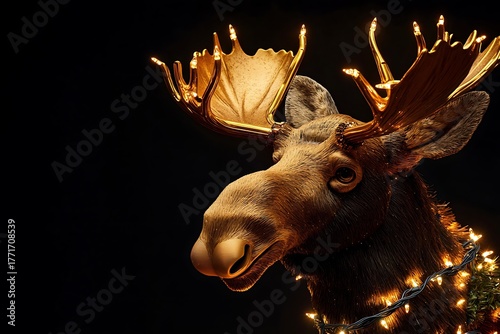 Festive moose with golden antlers and christmas lights against a dark background for holiday cheer