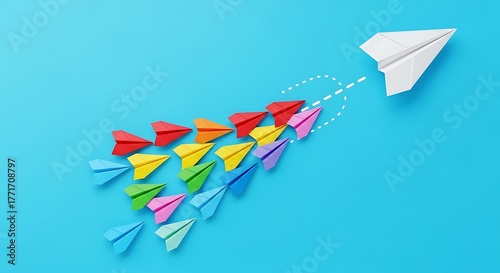 A single white paper airplane leads a colorful flock of smaller paper airplanes in formation against a blue background