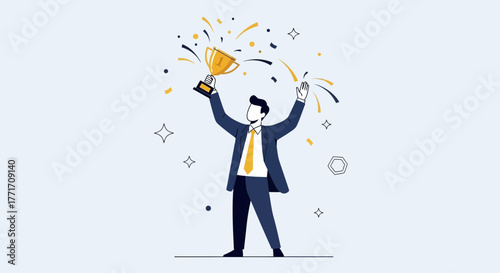 Business Champion Celebrates Achievement And Victory Grasping Trophy In Joyful Moment