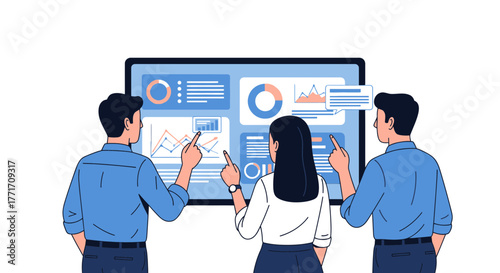 Business Team Analyzing Data Visualization on a Touchscreen Display for Strategic Decisions