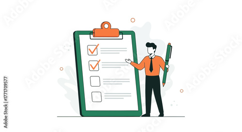Businessman Presenting a Completed Checklist on a Bright and Clean White Background