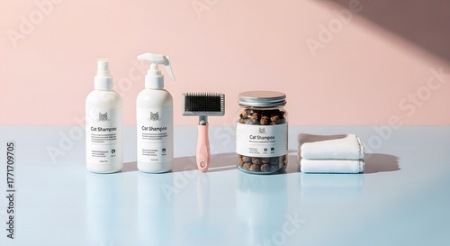 Premium Cat Care Product Set on Minimal Pastel Background with Soft Lighting