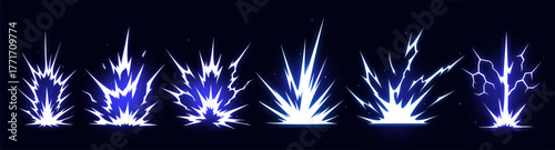 Manga thunder effect with comic bolt lightening lightning vector burst. Manga thunder explosion crack works in bg set. Electric strike sprite for game vfx, power impact or digital blast asset.