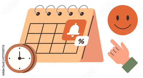 Calendar with notification bell, clock, pointing hand, and happy emphasizing reminders, deadlines, planning, productivity, goal tracking organization and task prioritization. Ideal for time