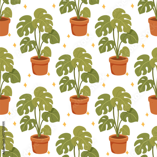 Seamless flat pattern with monstera houseplant in pot on white background