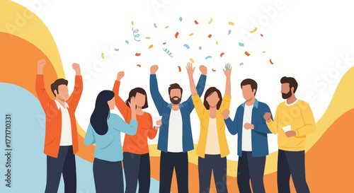 Group Celebrating Success in a Joyful and Colorful Environment with Confetti