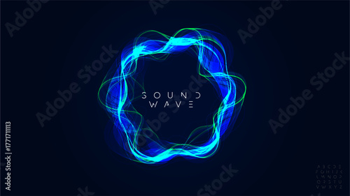 Sound wave music waveform audio bass beat circular wavy rings, radial glow equalizer round pulse, glowing soundwave with modern font logo alphabet for radio dj, edm, podcast. Vector illustration