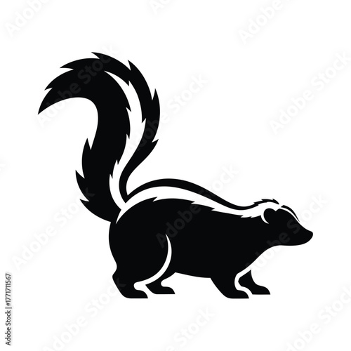 Silhouette of a skunk with fluffy tail and white stripes on body
