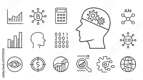 Illustration showing data analysis and processing with graphs, head, calculator and other icons