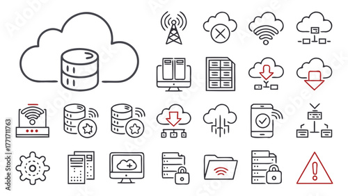 Collection of outline icons representing cloud computing and networking infrastructure elements shown