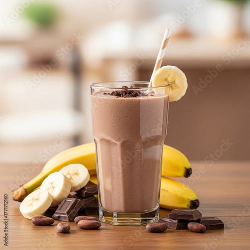 Indulge in a decadent chocolate banana smoothie, topped with whipped cream and chocolate shavings.