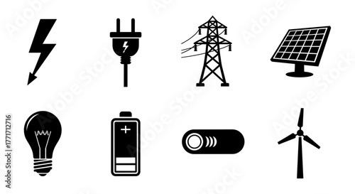 Energy icons set: electricity, solar, battery, and wind silhouettes