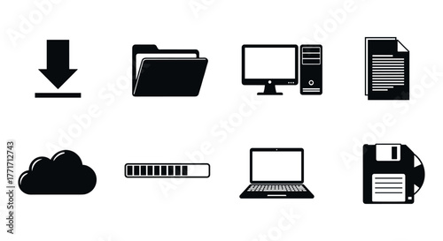 Essential computer icons: download, folder, pc, document, cloud, progress bar, laptop, floppy