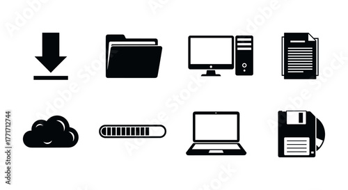 Silhouette icons of technology: download, cloud, progress, folder, and computer devices