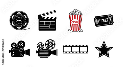 Classic cinema icons: film, clapperboard, popcorn, and more in flat design