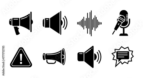 Black and white audio communication icons set with megaphone and microphone designs