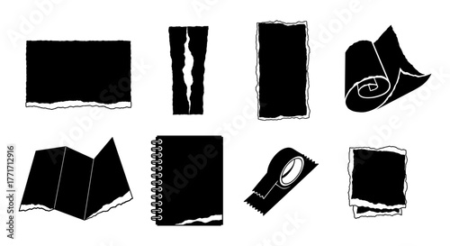 Set of various torn paper silhouettes with tape and spiral notebook design