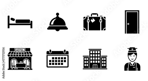 Hotel icon set: silhouette style for travel and hospitality themes