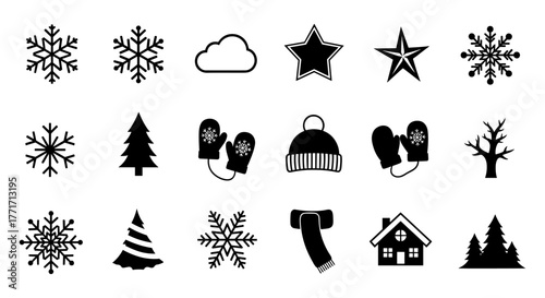 Winter silhouette icons: snowflakes, hats, and trees for seasonal designs