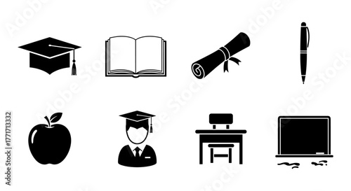 Education icons set: graduation, books, diploma, and classroom essentials