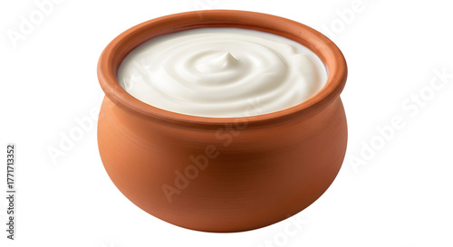 A traditional clay pot filled with creamy white yogurt swirls isolated on transparent background