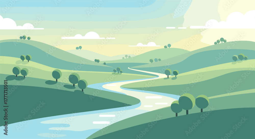 Fototapeta premium Serene landscape with flowing river and rolling hills in flat design