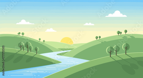 Serene sunrise over green rolling hills and river in minimalist landscape design