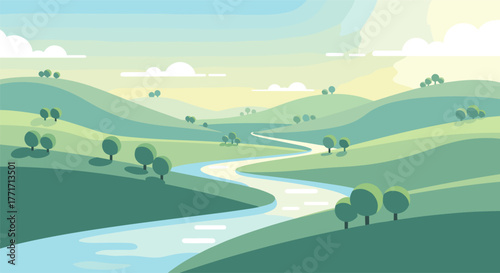 Serene landscape with flowing river and rolling hills in flat design