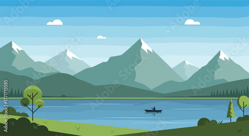 Peaceful lake with snow-capped mountains and boat in scenic nature landscape