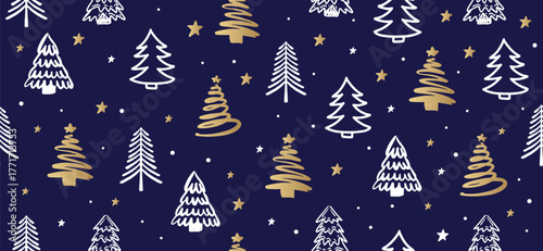 Christmas gold and white tree, pattern on blue background, Hand drawn illustrations.