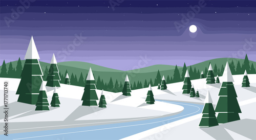 Winter night landscape with snowy pines and moonlit sky in flat design