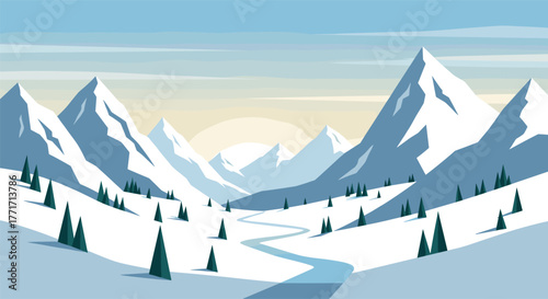 Snowy mountain sunrise with evergreen trees and serene river in flat design style