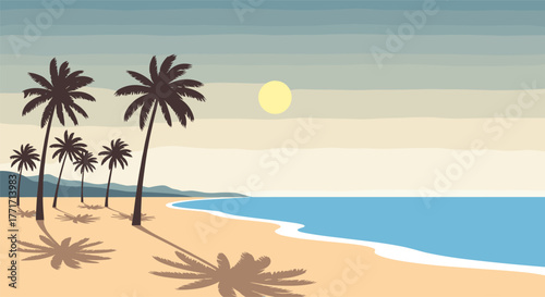 Tranquil beach scene with palm trees and ocean at sunrise