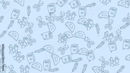 Playful background pattern featuring school supplies, children, and educational tools in a light blue theme