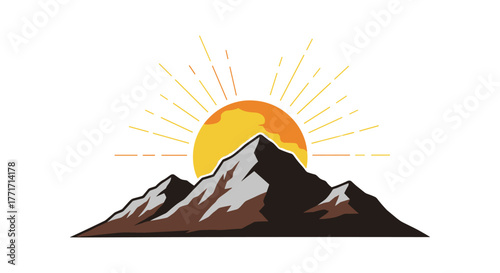 Sunrise over mountain peaks in flat design style